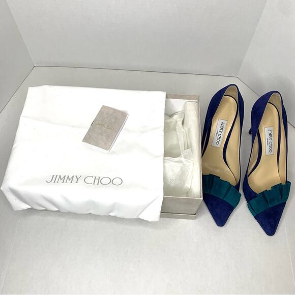 Jimmy Choo Leena 85 pop blue and teal suede pointy pumps women’s size 39.5 - Picture 10 of 11